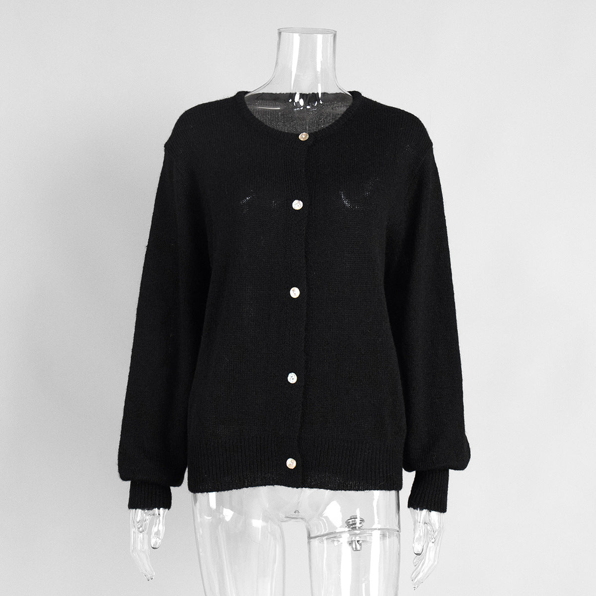 Soft Fuzzy Crew Neck Button Cardigan in Black — front view