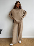 Oversized Turtleneck Sweater & Wide-Leg Knit Pants Set in Camel — set worn on model, front view