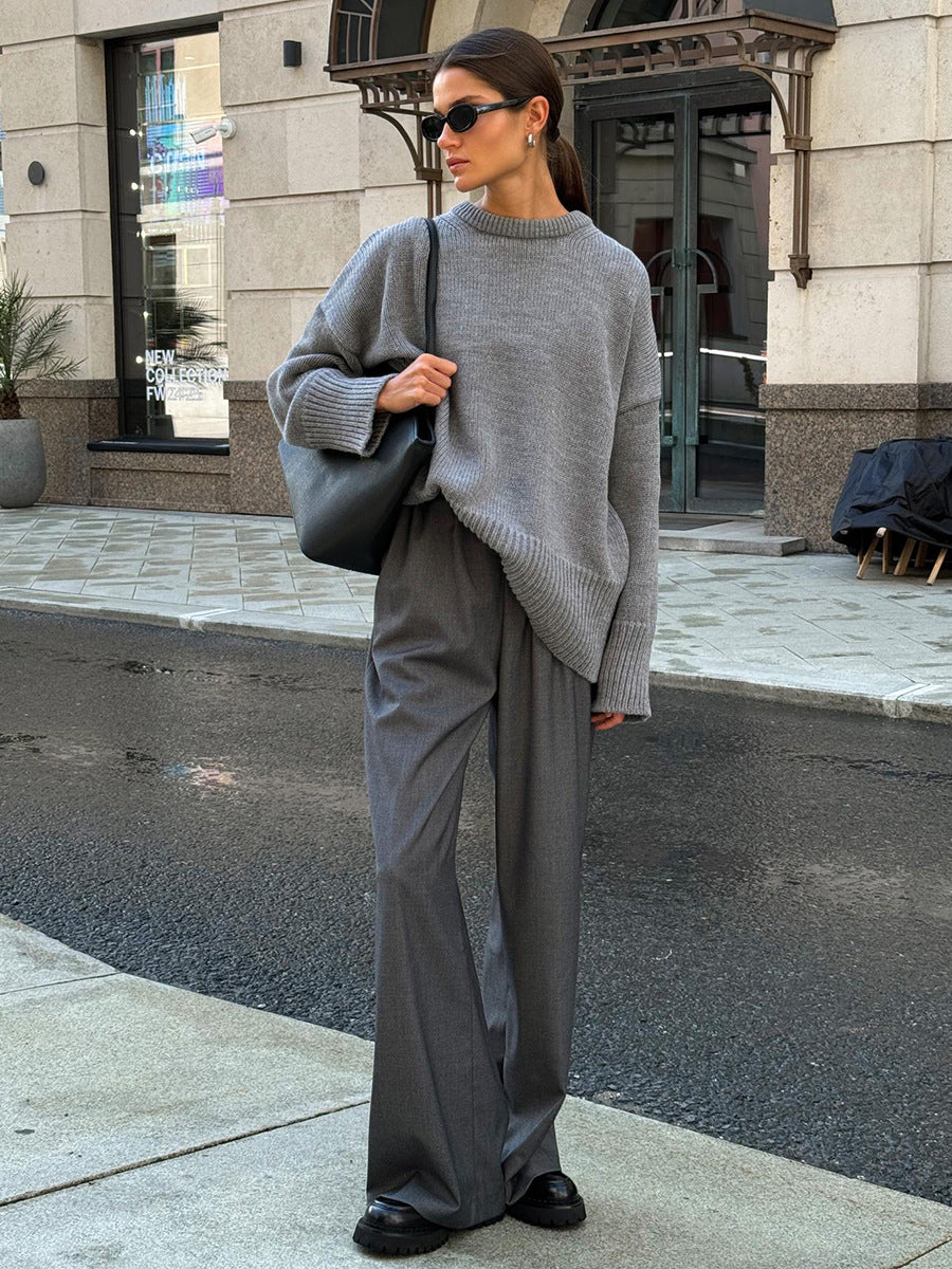 Slouchy Oversized Crew Neck Sweater in Heather Gray — full-length view
