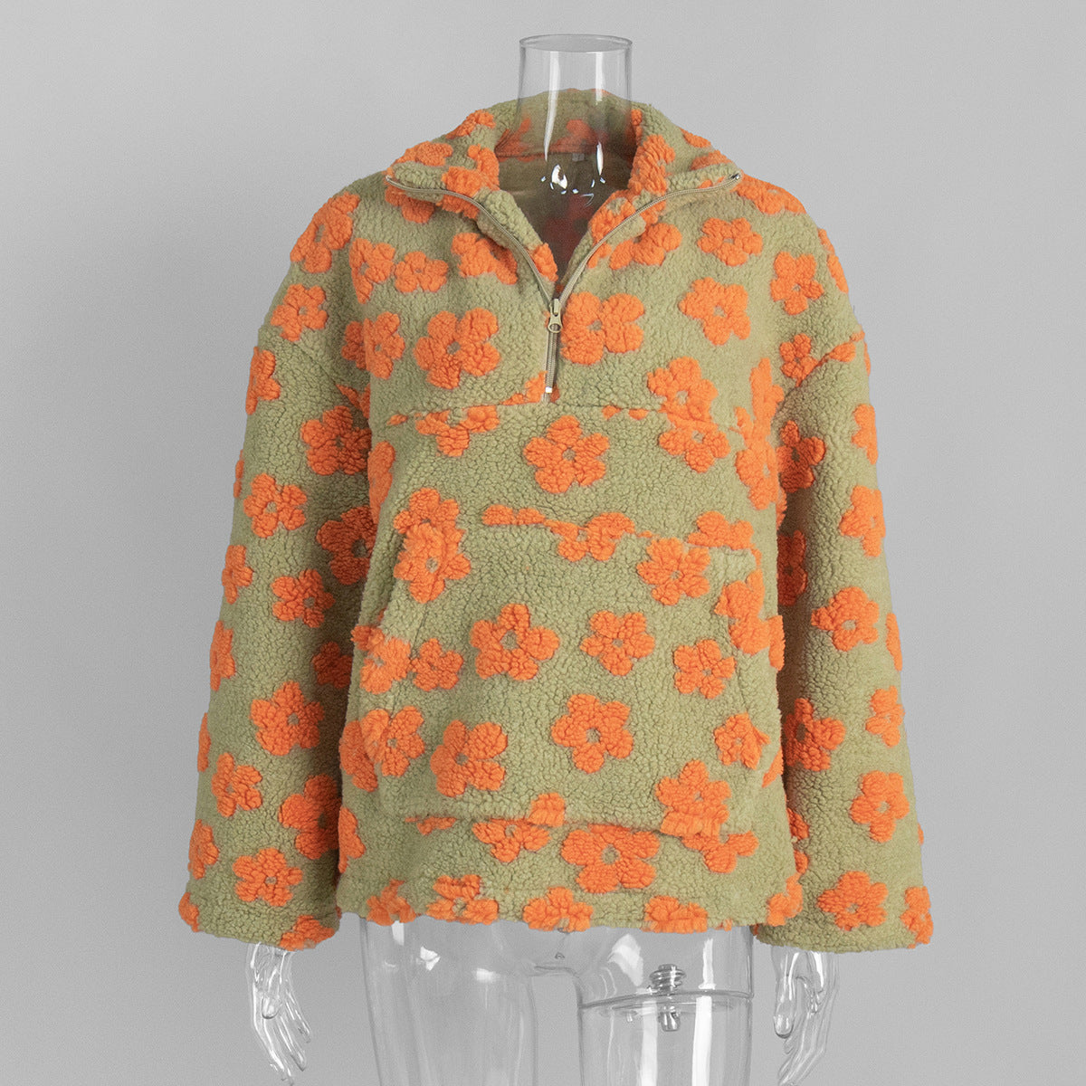 Floral Fleece Half-Zip Pullover Sweatshirt in Sage Orange Floral — front view