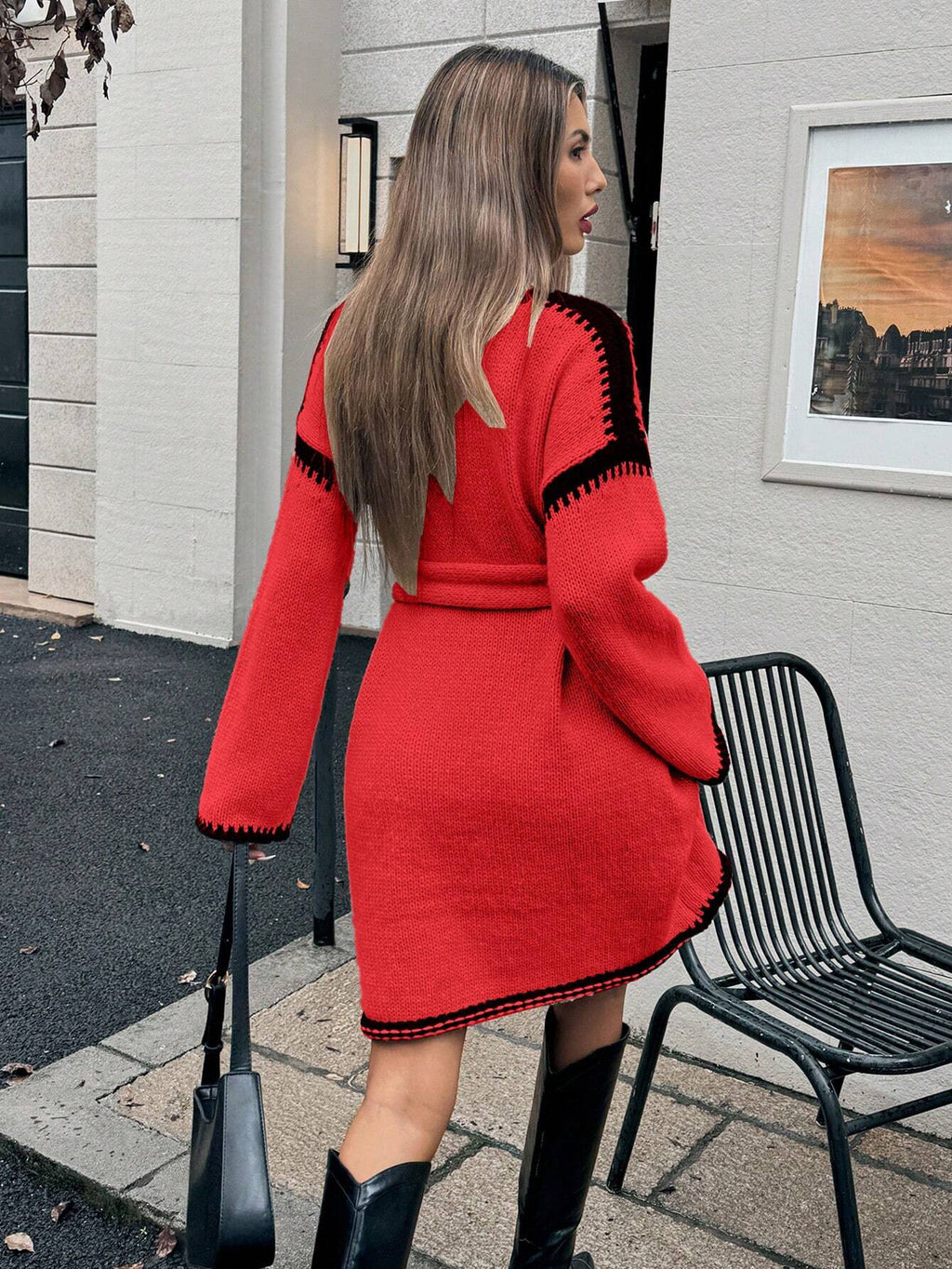 Contrast-Stitch Belted Knit Mini Dress in Red — back view