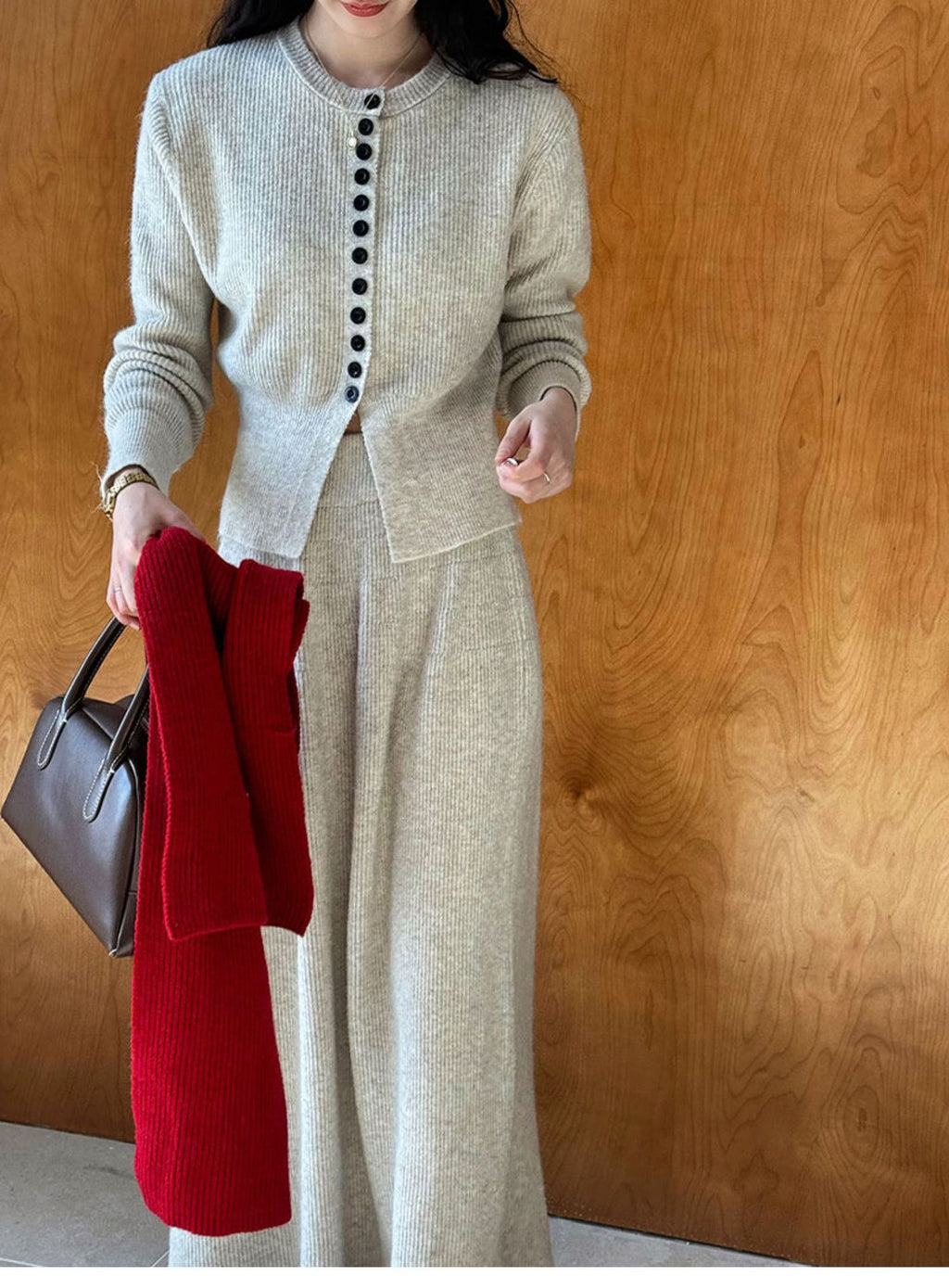 Button-Front Knit Cardigan & A-Line Maxi Skirt Set in Oatmeal — front view on model