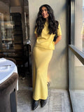 Short Sleeve Knit Top & Maxi Skirt Set in Butter Yellow — set worn on model, front view