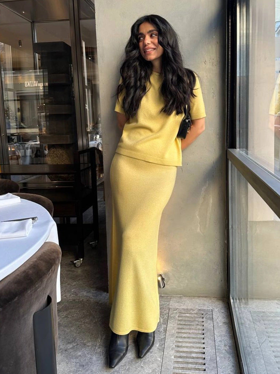 Short Sleeve Knit Top & Maxi Skirt Set in Butter Yellow — set worn on model, front view