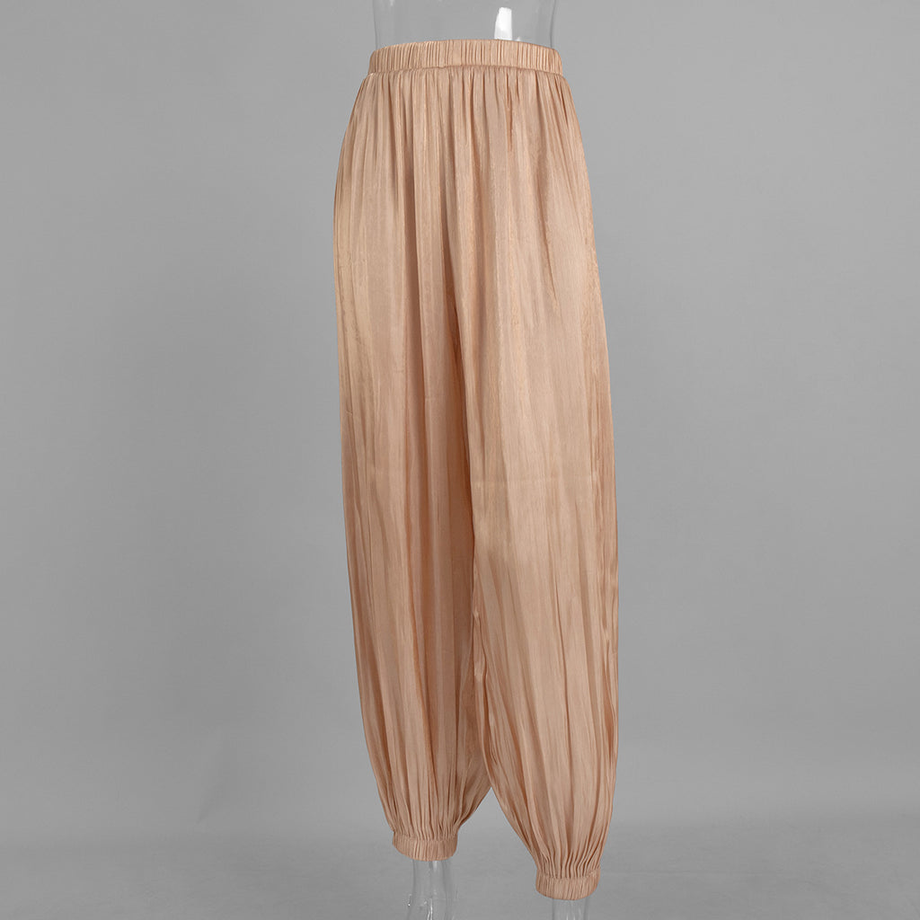 Shiny Pleated Harem Pants with Elastic Cuffs in Champagne — on mannequin