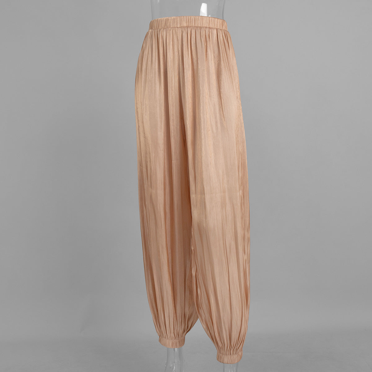 Shiny Pleated Harem Pants with Elastic Cuffs in Champagne — on mannequin