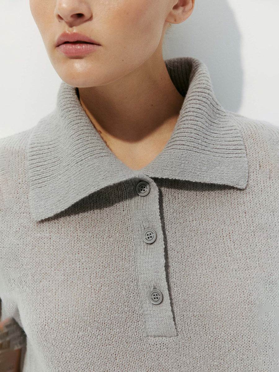 Soft Knit Short Sleeve Polo Top in Light Gray — close-up of collar on model