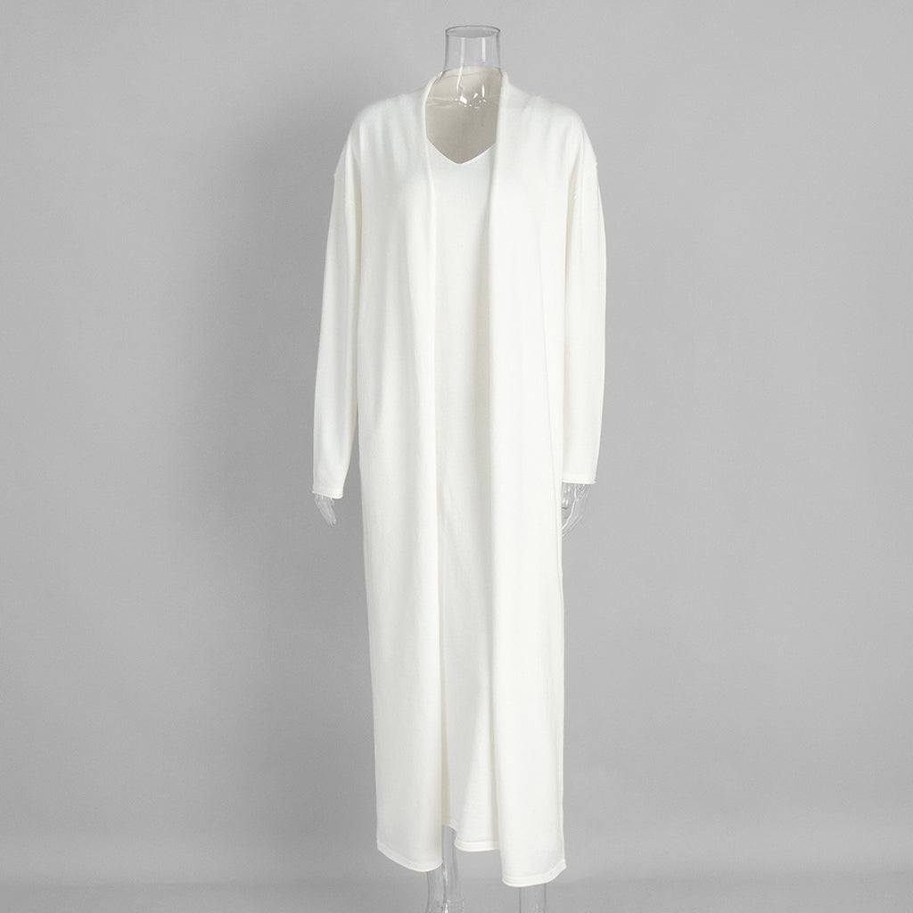 Long Belted Knit Cardigan & Maxi Slip Dress Set in Ivory — set on mannequin