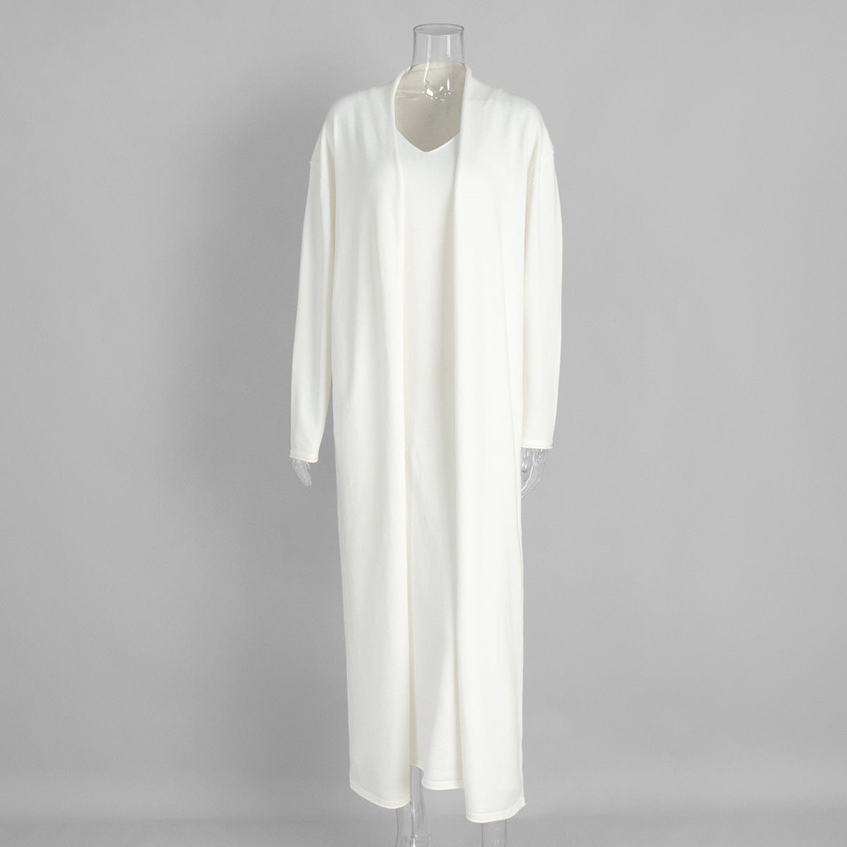 Long Belted Knit Cardigan & Maxi Slip Dress Set in Ivory — set on mannequin