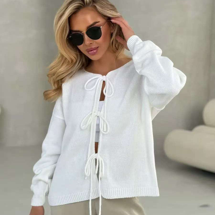 Round Neck Tie-Front Knit Cardigan in White — front view on model