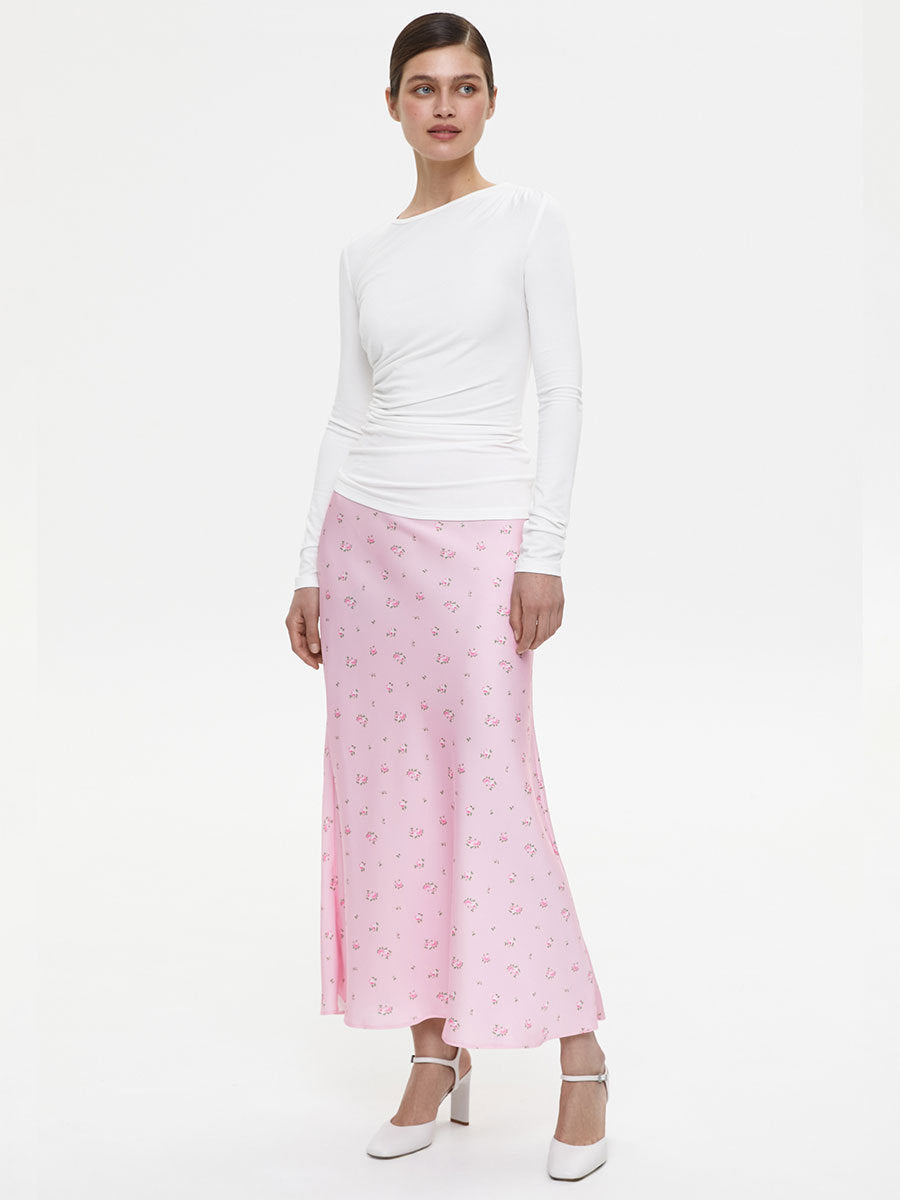 Floral Satin Maxi Skirt in Pink Floral — front studio view on model