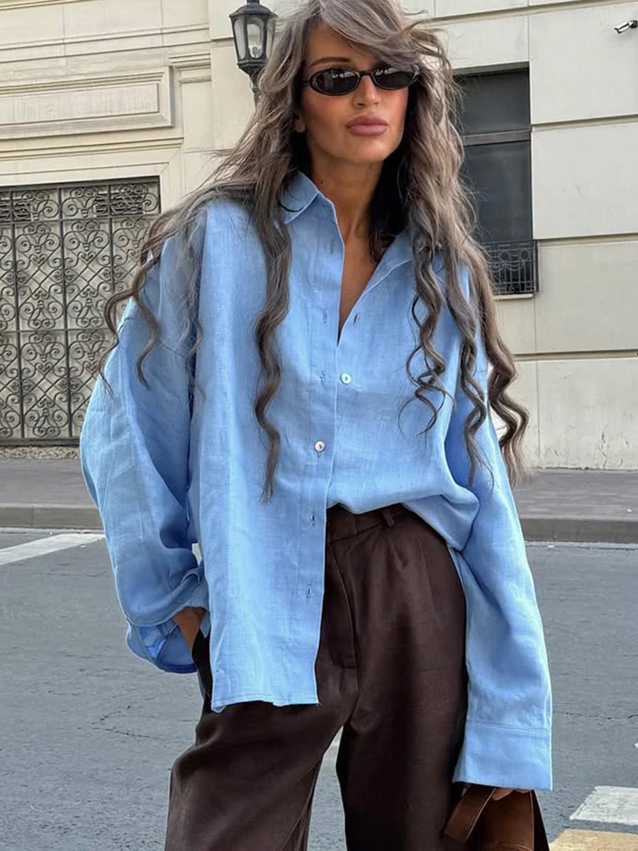 Relaxed Cotton Button-Down Shirt in Sky Blue — front view on model