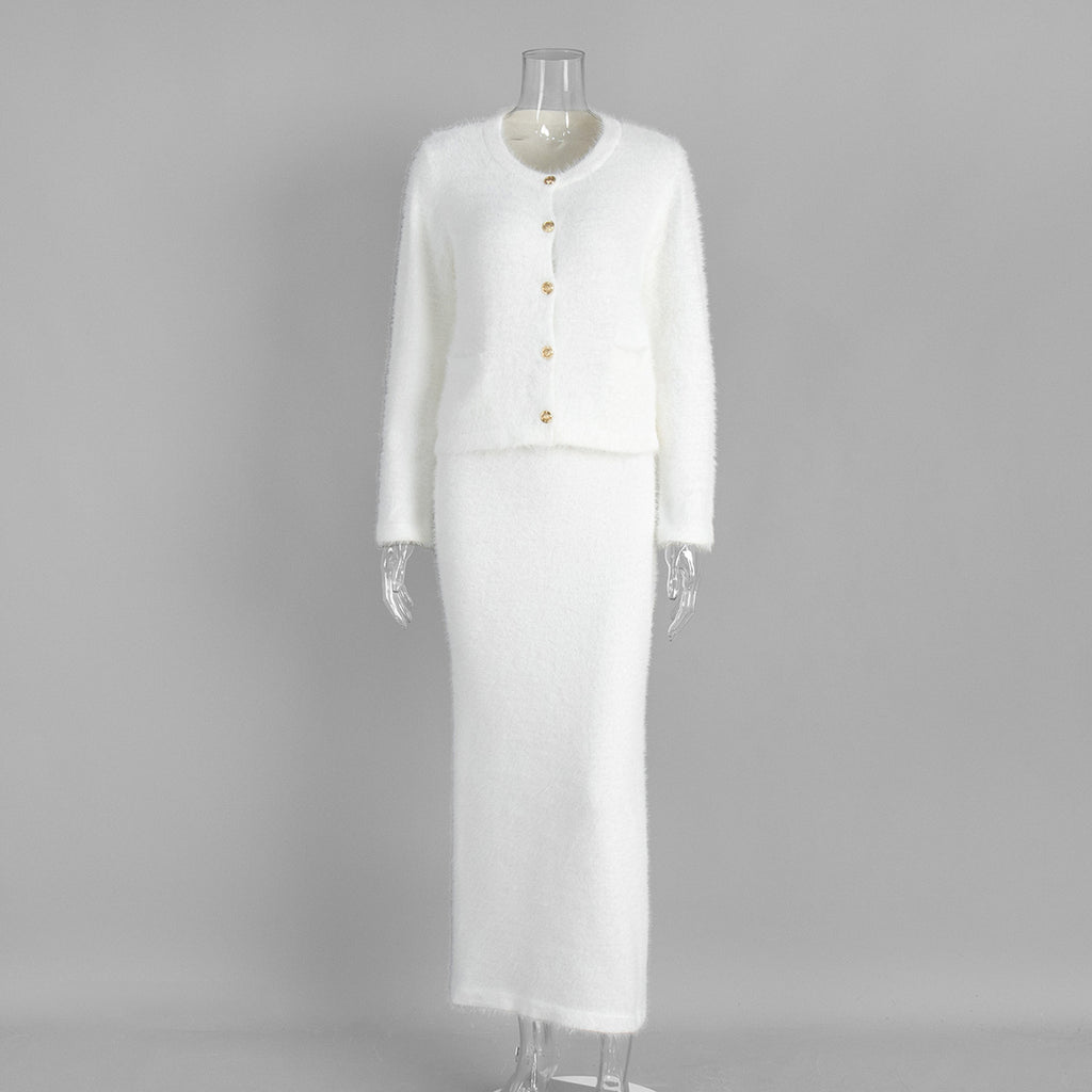 Fuzzy Knit Button Cardigan & Maxi Skirt Set in Winter White — set on mannequin, front view