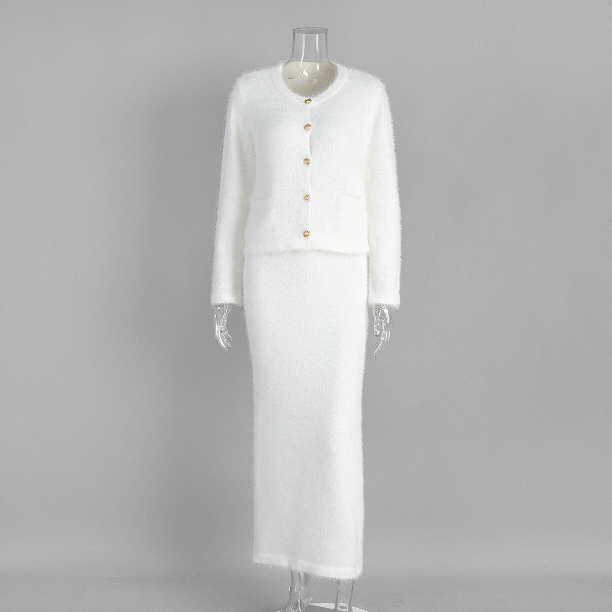 Fuzzy Knit Button Cardigan & Maxi Skirt Set in Winter White — set on mannequin, front view