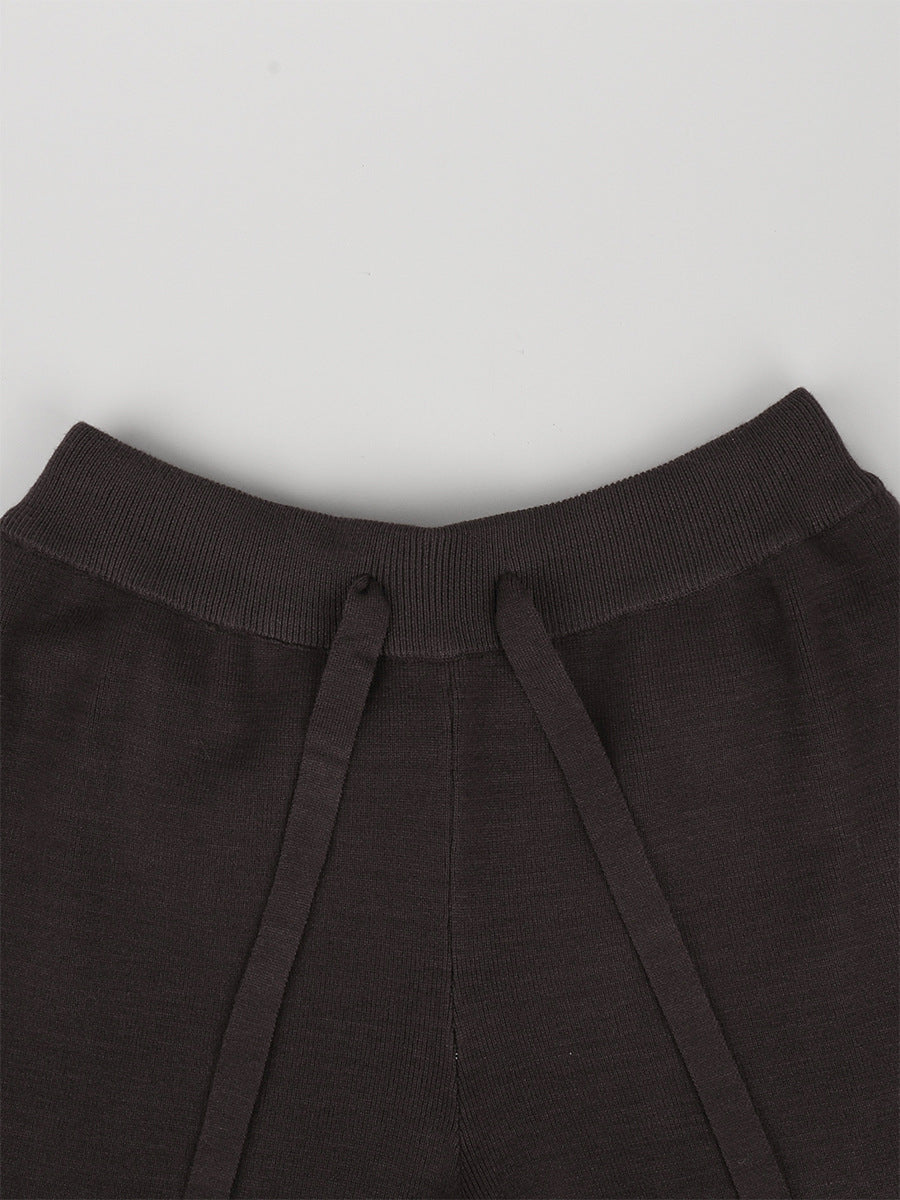 Zip-Front Balloon-Sleeve Knit Top & Drawstring Wide-Leg Pants Set in Chocolate — close-up of the drawstring waistband