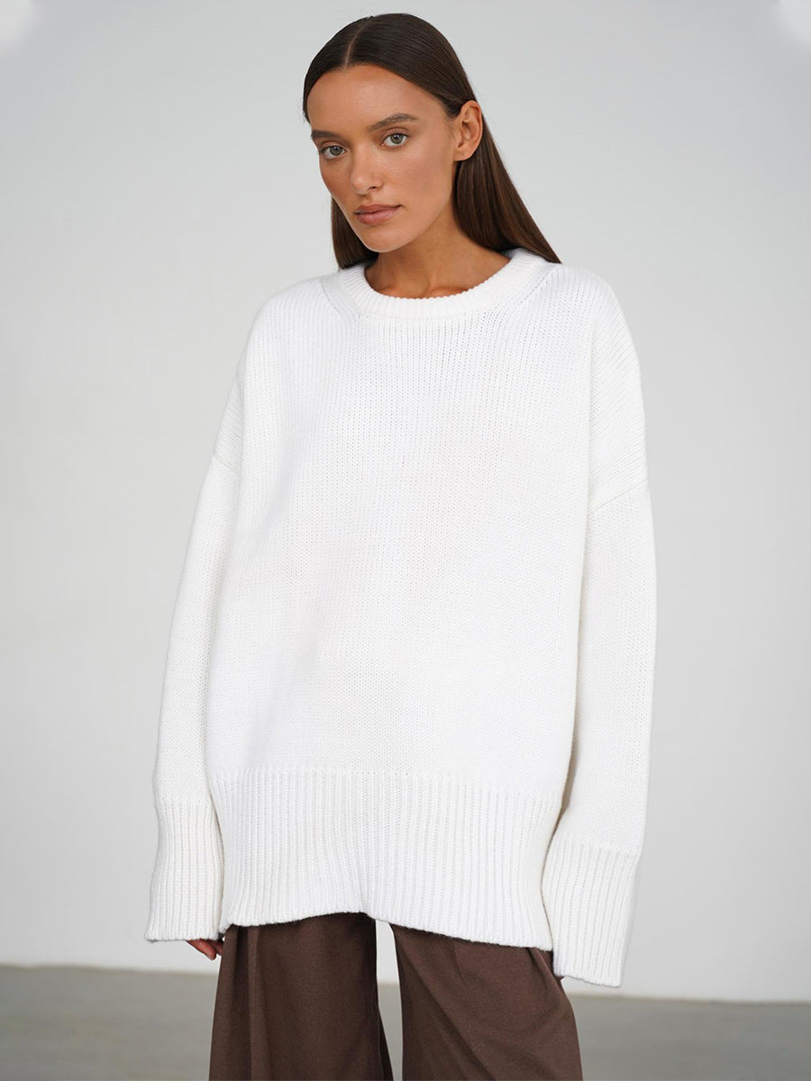 Slouchy Oversized Crew Neck Sweater in Ivory — close-up on model