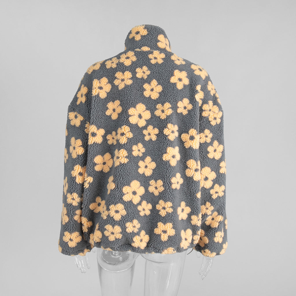 Floral Fleece Half-Zip Pullover Sweatshirt in Charcoal Peach Floral — back view on mannequin
