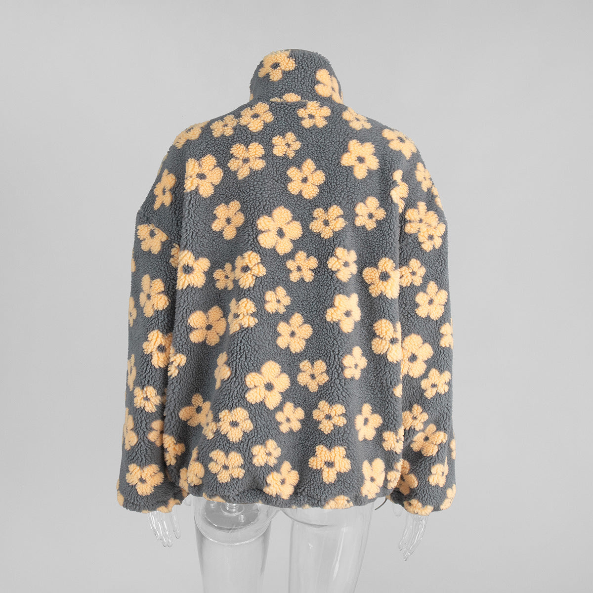Floral Fleece Half-Zip Pullover Sweatshirt in Charcoal Peach Floral — back view on mannequin