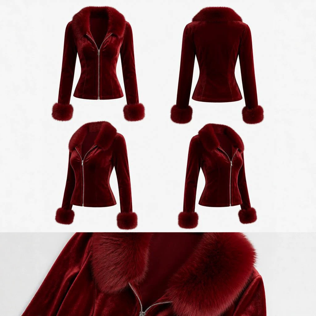 Fitted Velvet Zip Jacket with Faux Fur Collar and Cuffs in Burgundy — front and back views, with close-ups of the faux fur collar