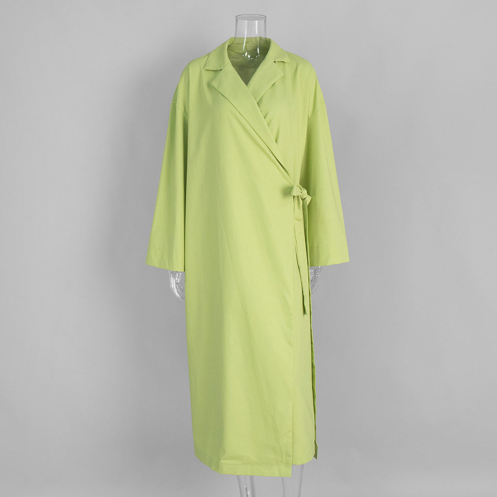 Linen-Blend Long Wrap Duster Dress in Lime Green — front view on mannequin