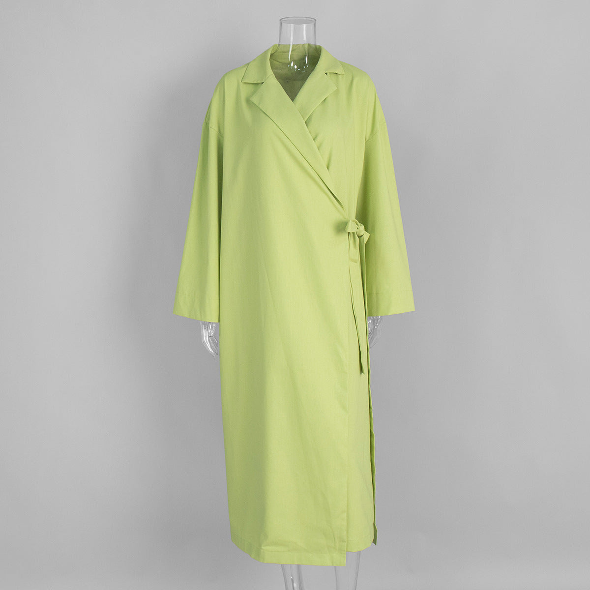 Linen-Blend Long Wrap Duster Dress in Lime Green — front view on mannequin