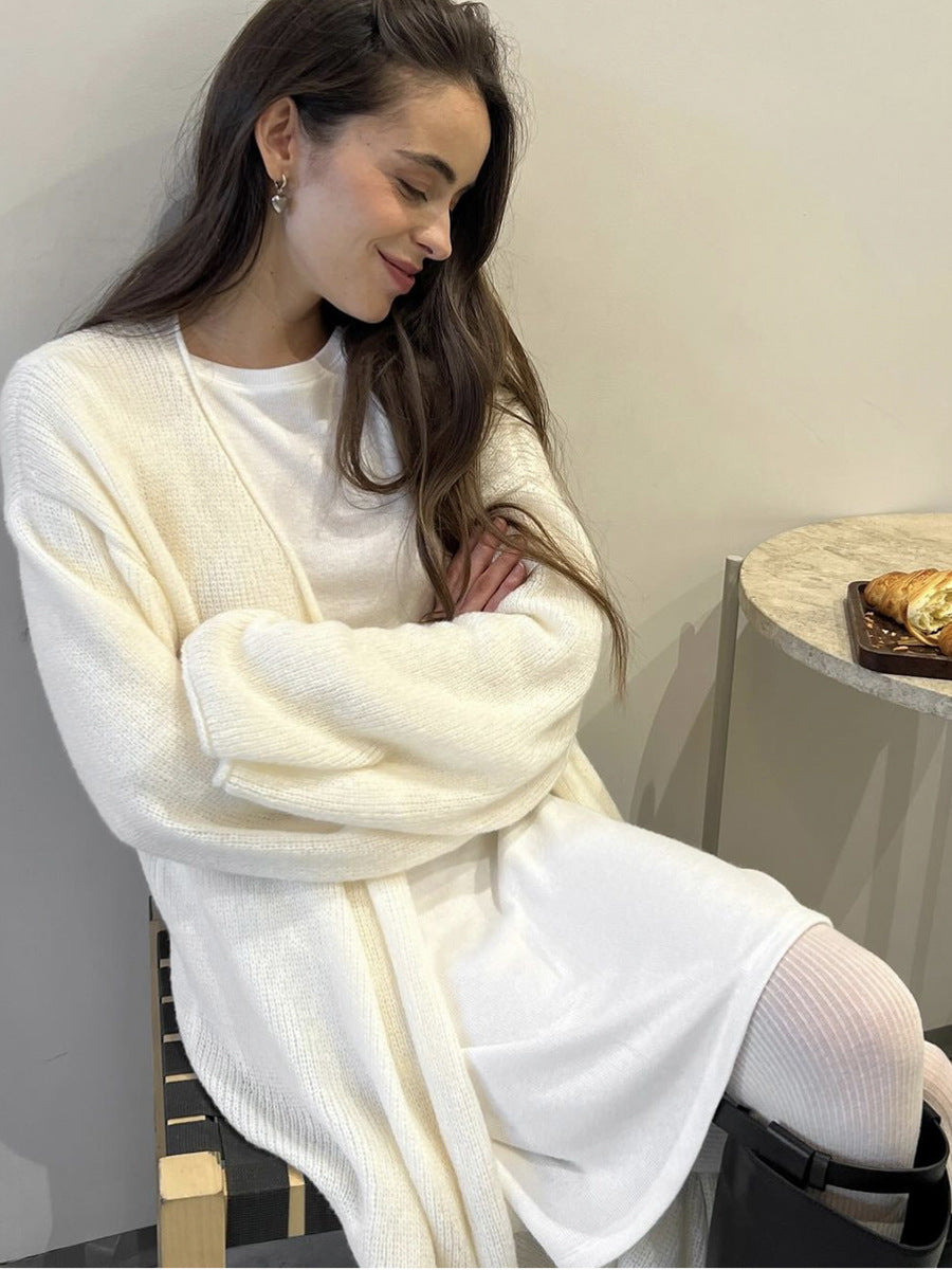 Long Open-Front Mohair-Blend Cardigan in Ivory — close view on model