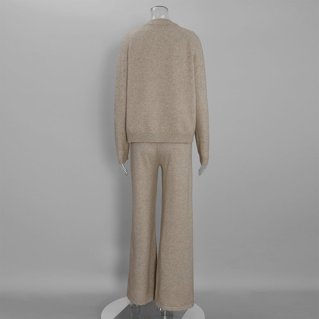 Three-Piece Knit Set: Zip-Up Cardigan, Sleeveless Top & Wide-Leg Pants in Oat — set back view