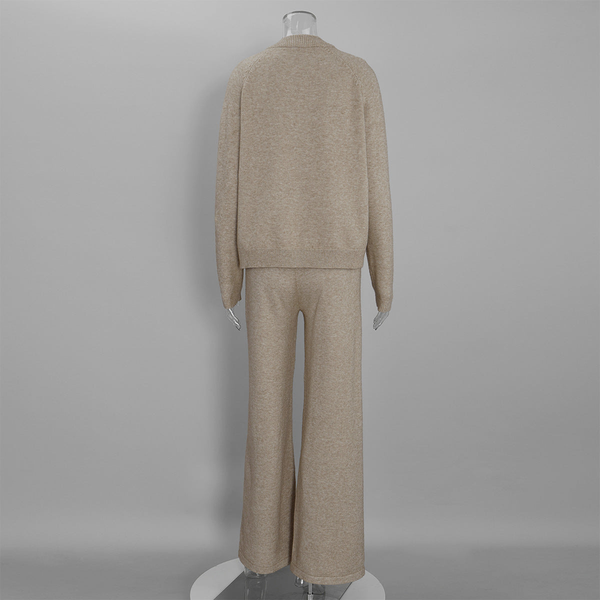 Three-Piece Knit Set: Zip-Up Cardigan, Sleeveless Top & Wide-Leg Pants in Oat — set back view