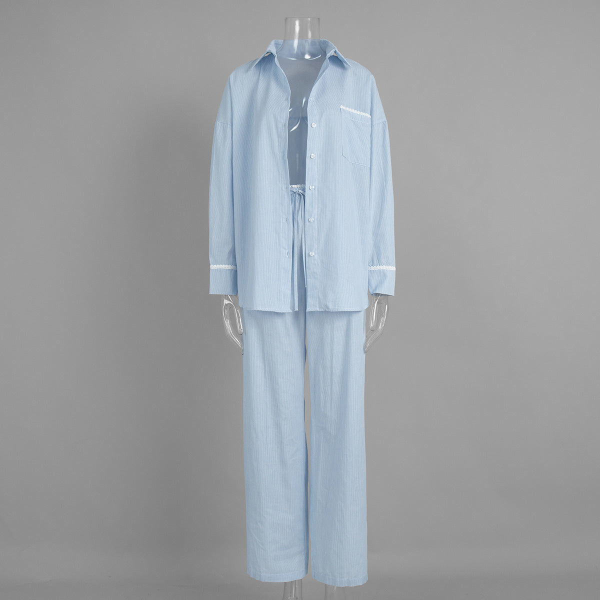 Pinstripe Cotton Shirt & Wide-Leg Pants Set in Light Blue — set on mannequin, shirt closed