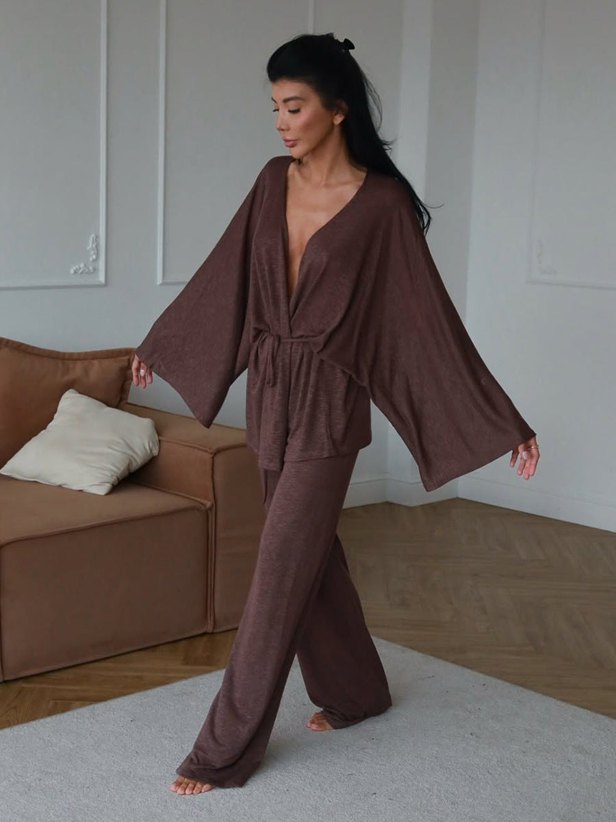 Wrap Tie Top & Wide-Leg Lounge Pants Set in Cocoa — on model, living room