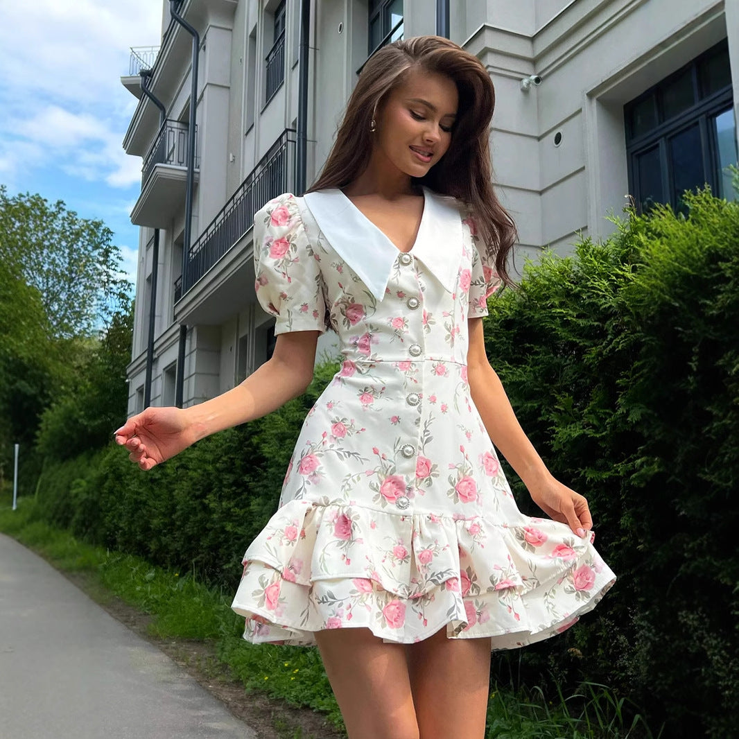 Floral Puff-Sleeve Mini Dress with Contrast Collar in Cream Floral — front view on model, outdoor