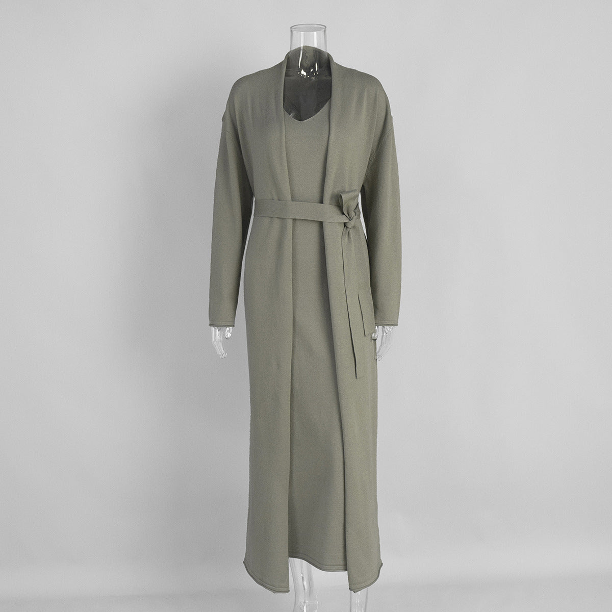 Long Belted Knit Cardigan & Maxi Slip Dress Set in Sage Green — front view