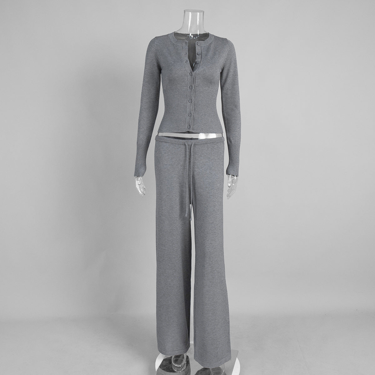 Ribbed Knit Cardigan & Low-Rise Wide-Leg Pants Set in Heather Gray — front view