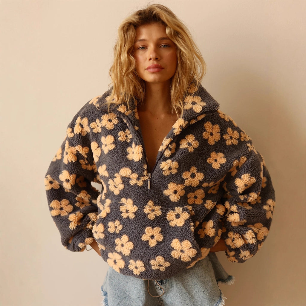 Floral Fleece Half-Zip Pullover Sweatshirt in Charcoal Peach Floral — front view on model