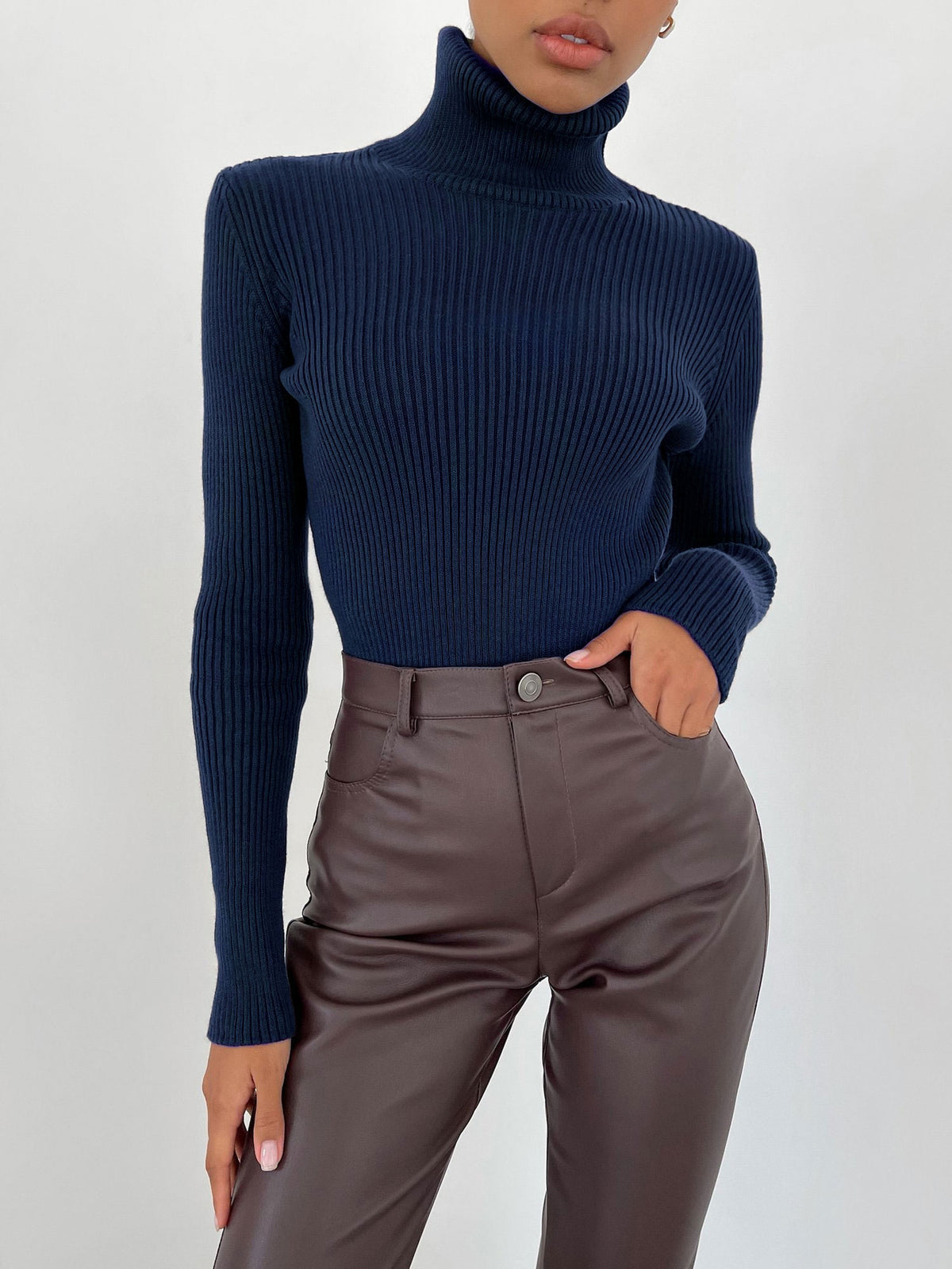 Fitted Ribbed Turtleneck Sweater in Navy — front view