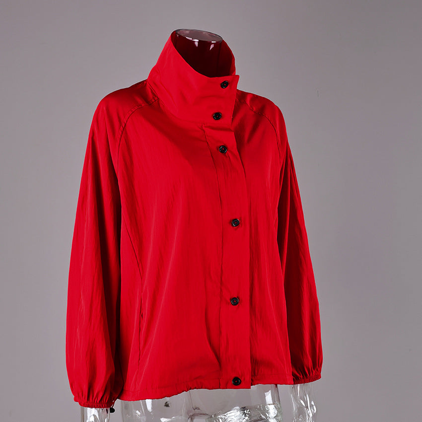 Button-Placket Stand-Collar Jacket with Elastic Cuffs in Red — side view on mannequin