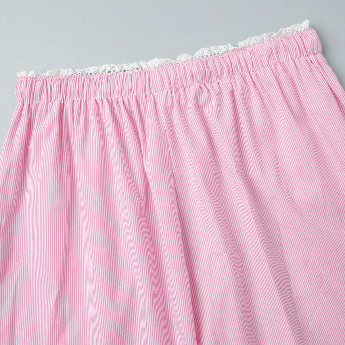 Pinstripe Cotton Shirt & Wide-Leg Pants Set in Soft Pink — close-up of drawstring waist