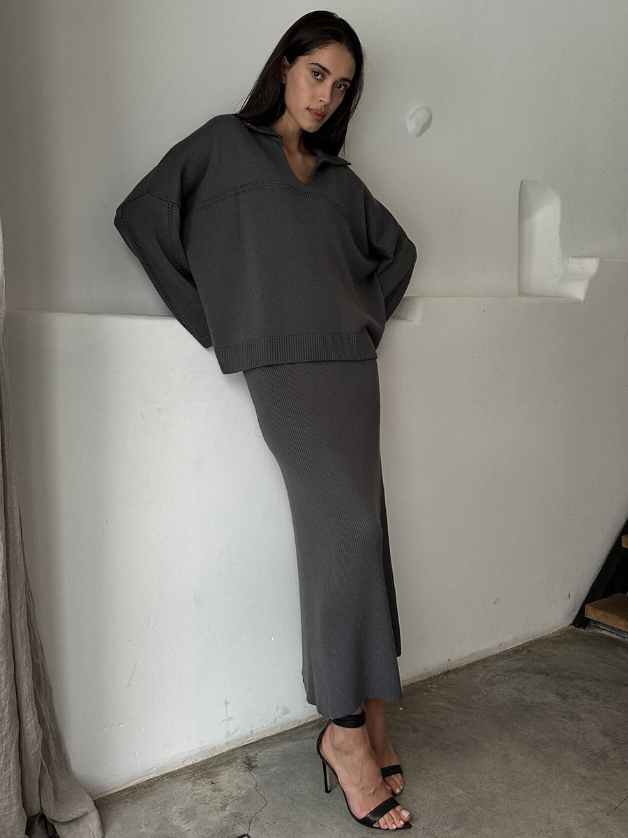 Oversized Collared V-Neck Sweater & Knit Maxi Skirt Set in Charcoal — front view on model