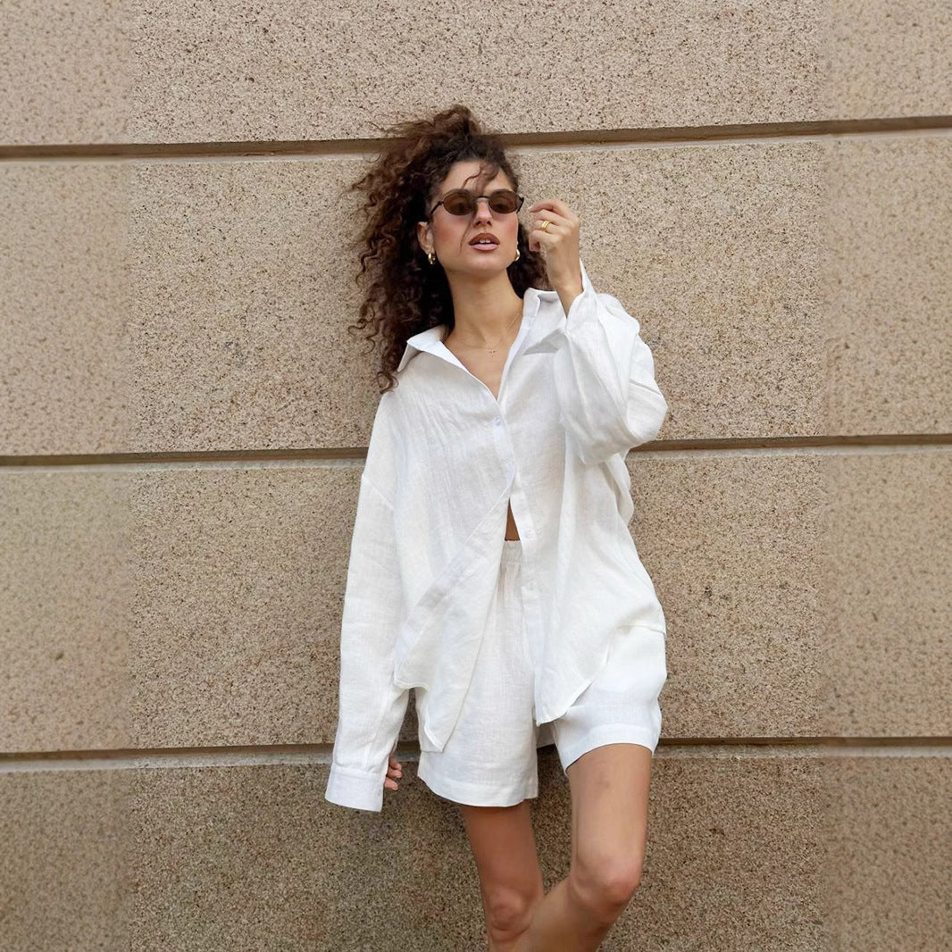 Oversized Cotton Shirt & Elastic-Waist Shorts Set in White — front view on model, shirt buttoned