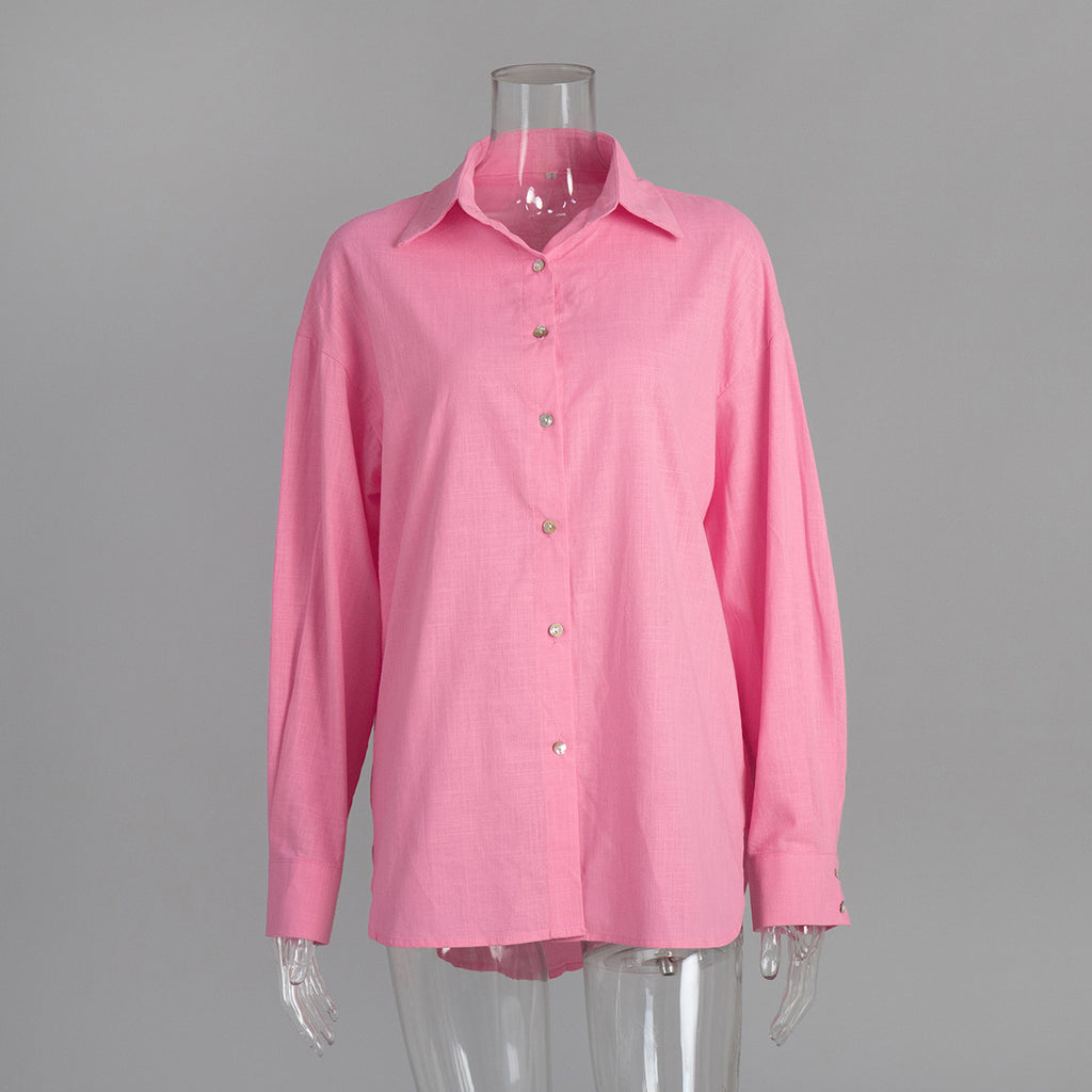 Relaxed Cotton Button-Down Shirt in Bubblegum Pink — front view