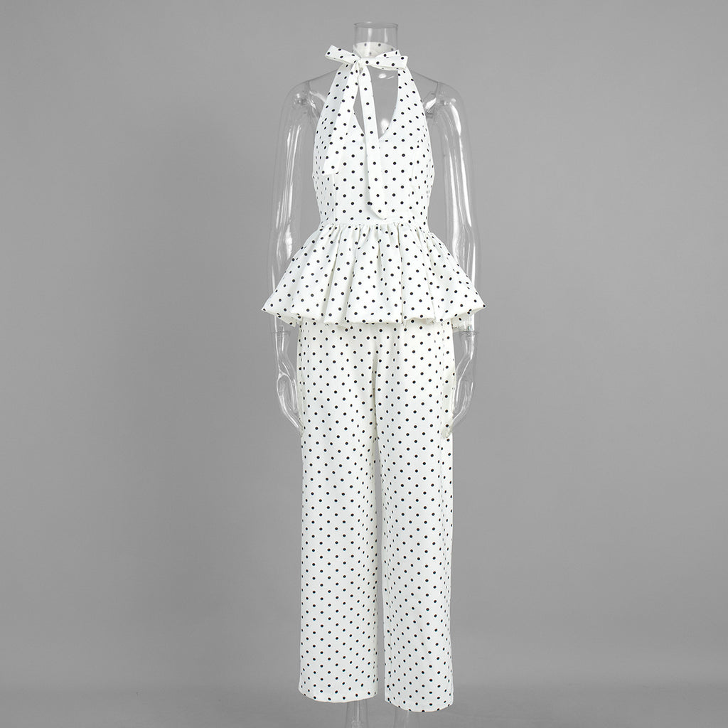 Polka Dot Halter Peplum & Wide-Leg Set in White Dot — front view on mannequin