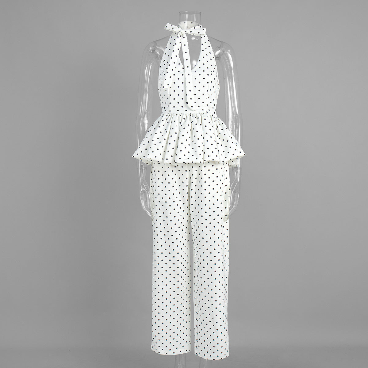 Polka Dot Halter Peplum & Wide-Leg Set in White Dot — front view on mannequin