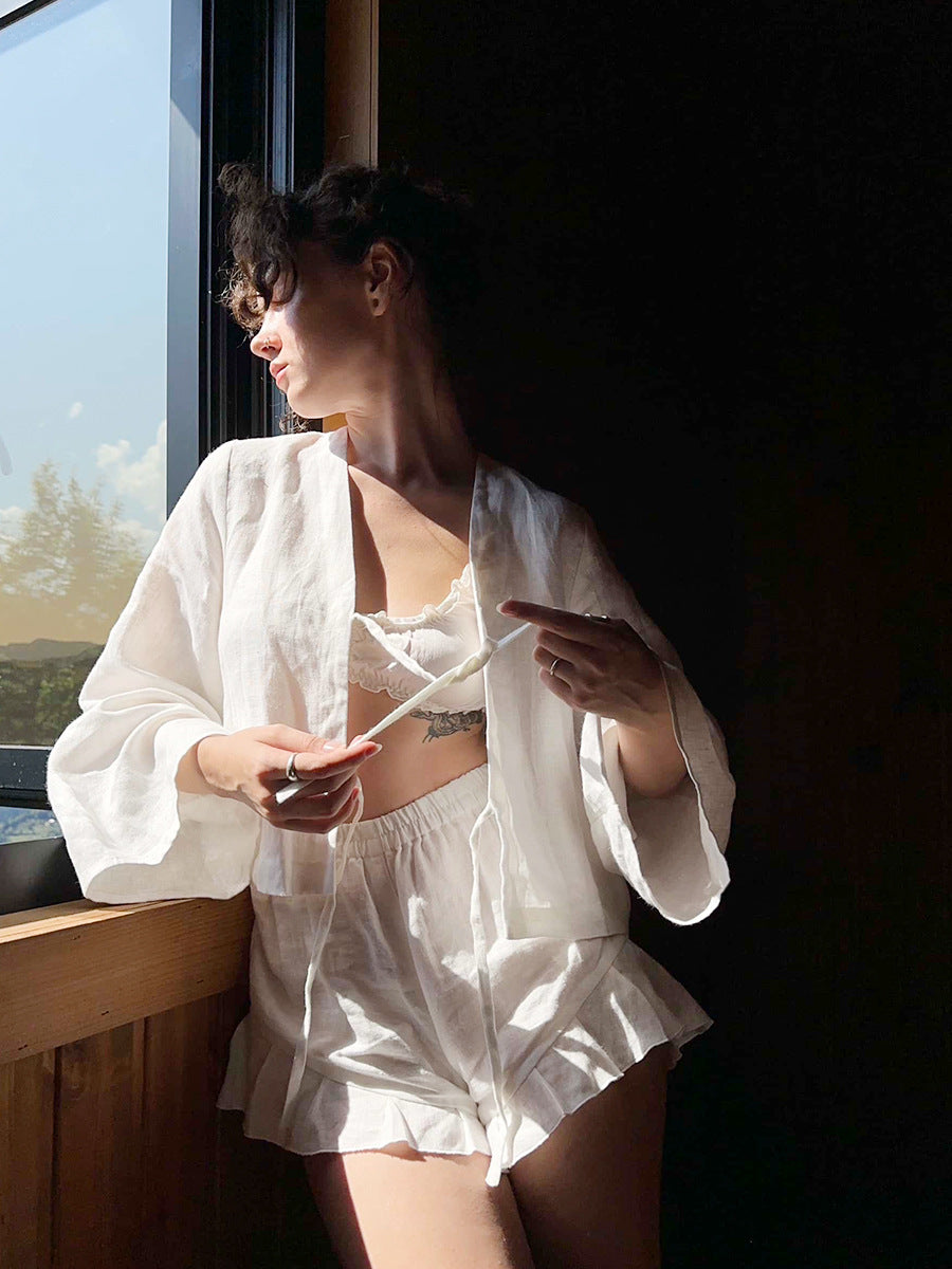 Cotton Tie-Front Top & Ruffle Shorts Set in White — indoor view on model