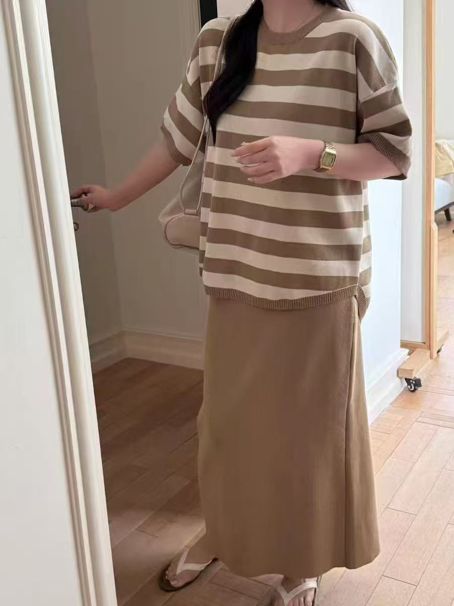 Striped Knit Top and Midi Skirt Set in Camel — front view on model