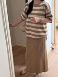 Striped Knit Top and Midi Skirt Set in Camel — front view on model
