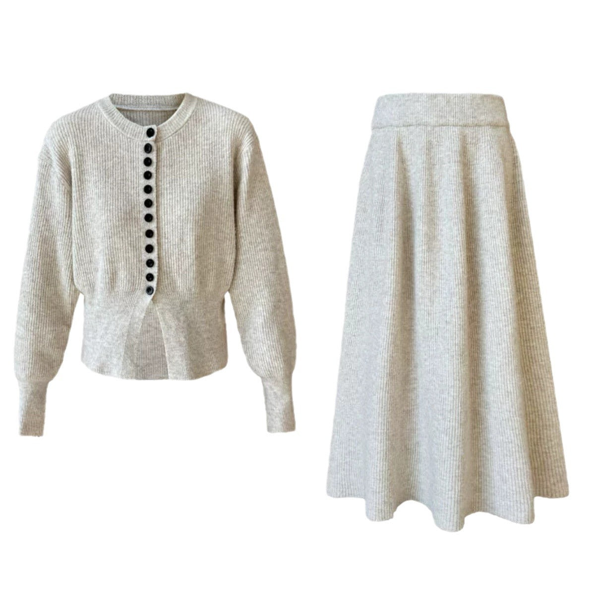 Button-Front Knit Cardigan & A-Line Maxi Skirt Set in Oatmeal — flat view of the cardigan and skirt