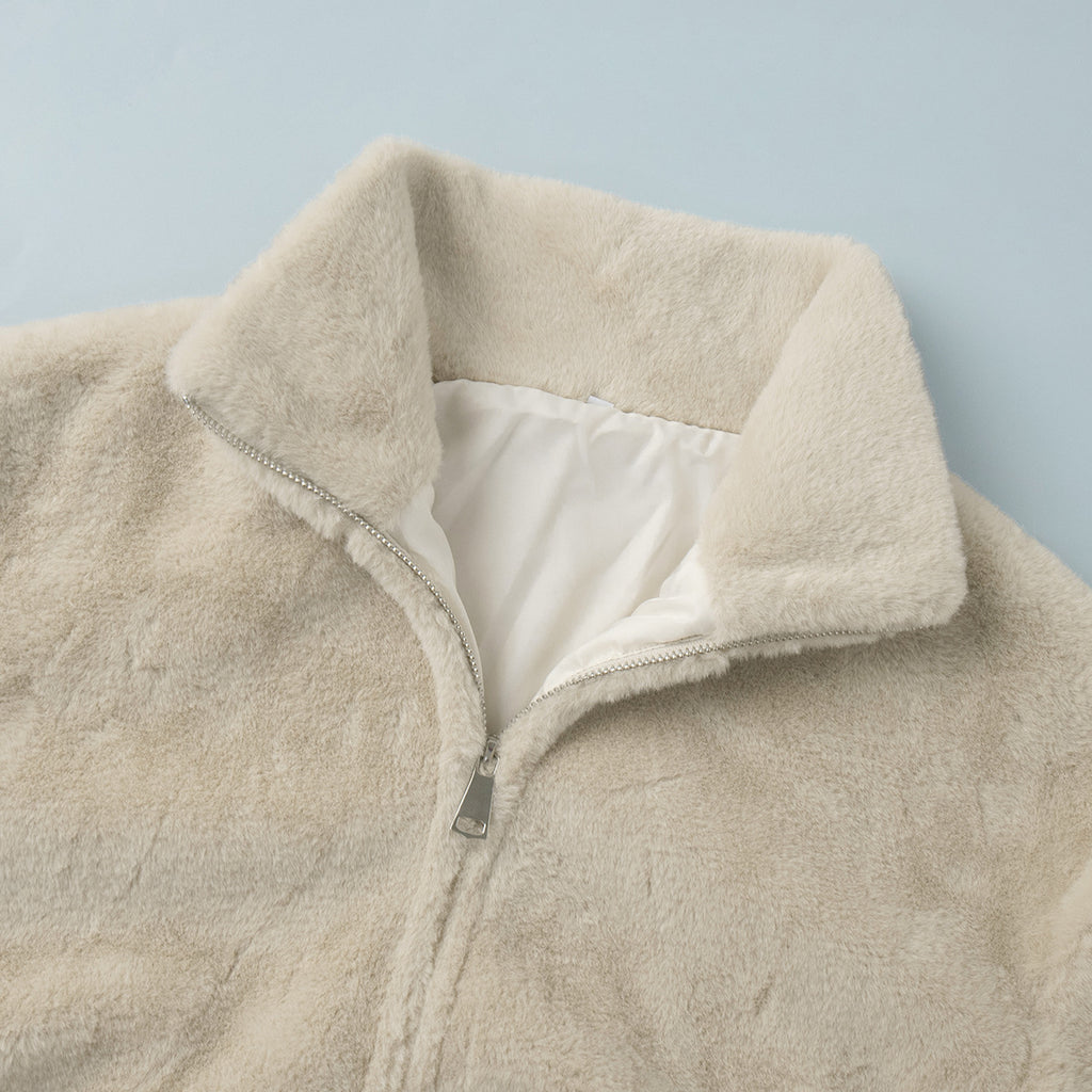 Plush Faux Fur Zip-Up Jacket with Stand Collar in Cream — close-up of the stand collar, zip, and lining