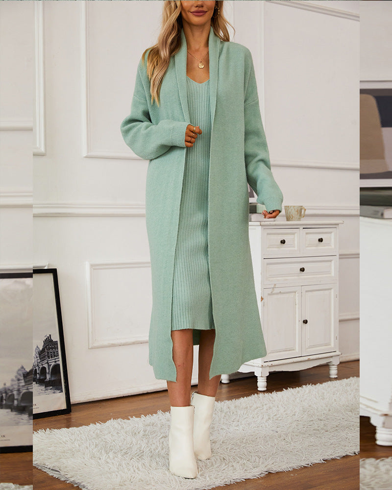 Long Open-Front Cardigan and Ribbed Knit Midi Dress Set in Mint Green — front view of the cardigan and dress on model