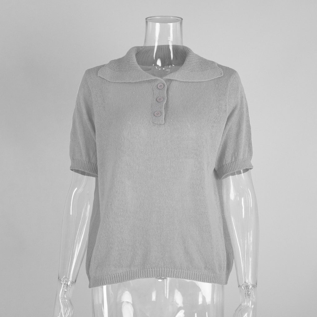 Soft Knit Short Sleeve Polo Top in Light Gray — front view on mannequin