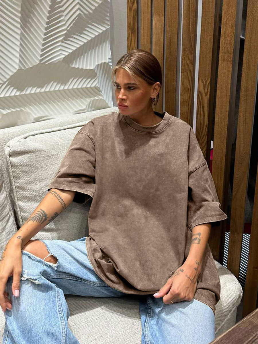 Oversized Washed Cotton Crewneck Tee in Coffee — front view on model, seated